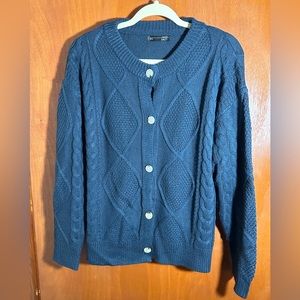 DAZY Cable Knit Drop Shoulder Cardigan Navy Blue Round Neck Button Front Casual